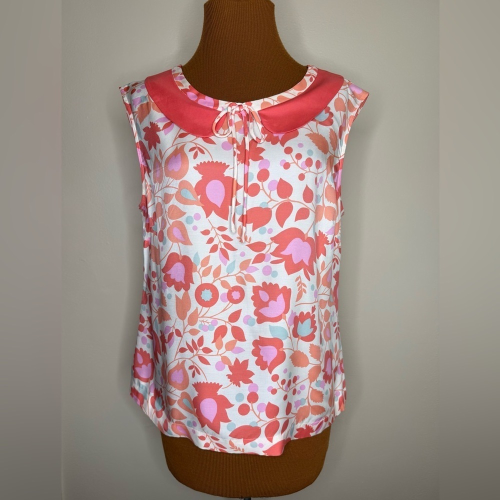Boden Silk Blend Pink Floral Peter Pan Collar Sleeveless Blouse Sz Med